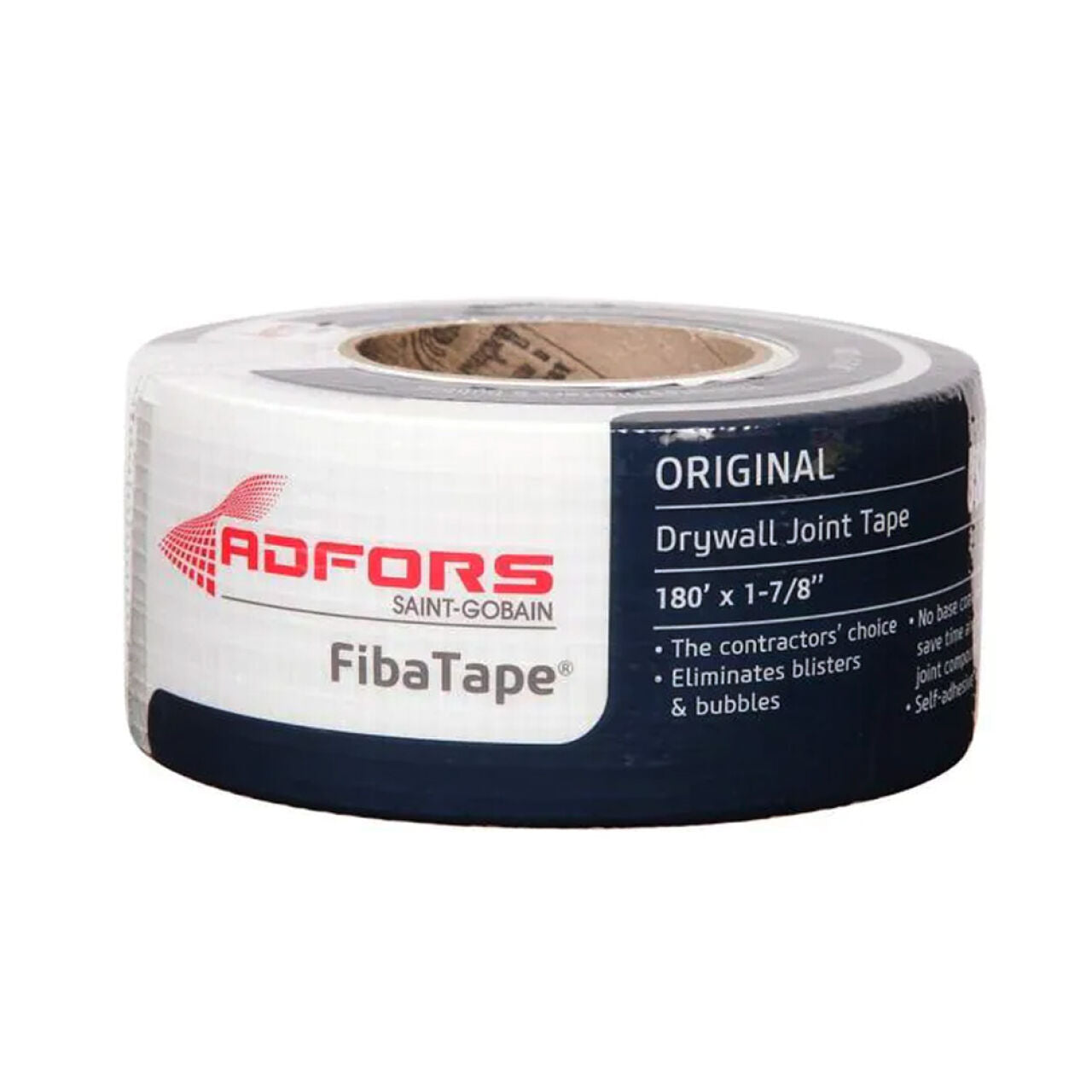 A 1-7/8 in. x 180 ft. roll of FibaTape Standard White Self-Adhesive Mesh Drywall Joint Tape by Go Build, The Fastest Way To Build, comes in white packaging with red, blue, and white product details.